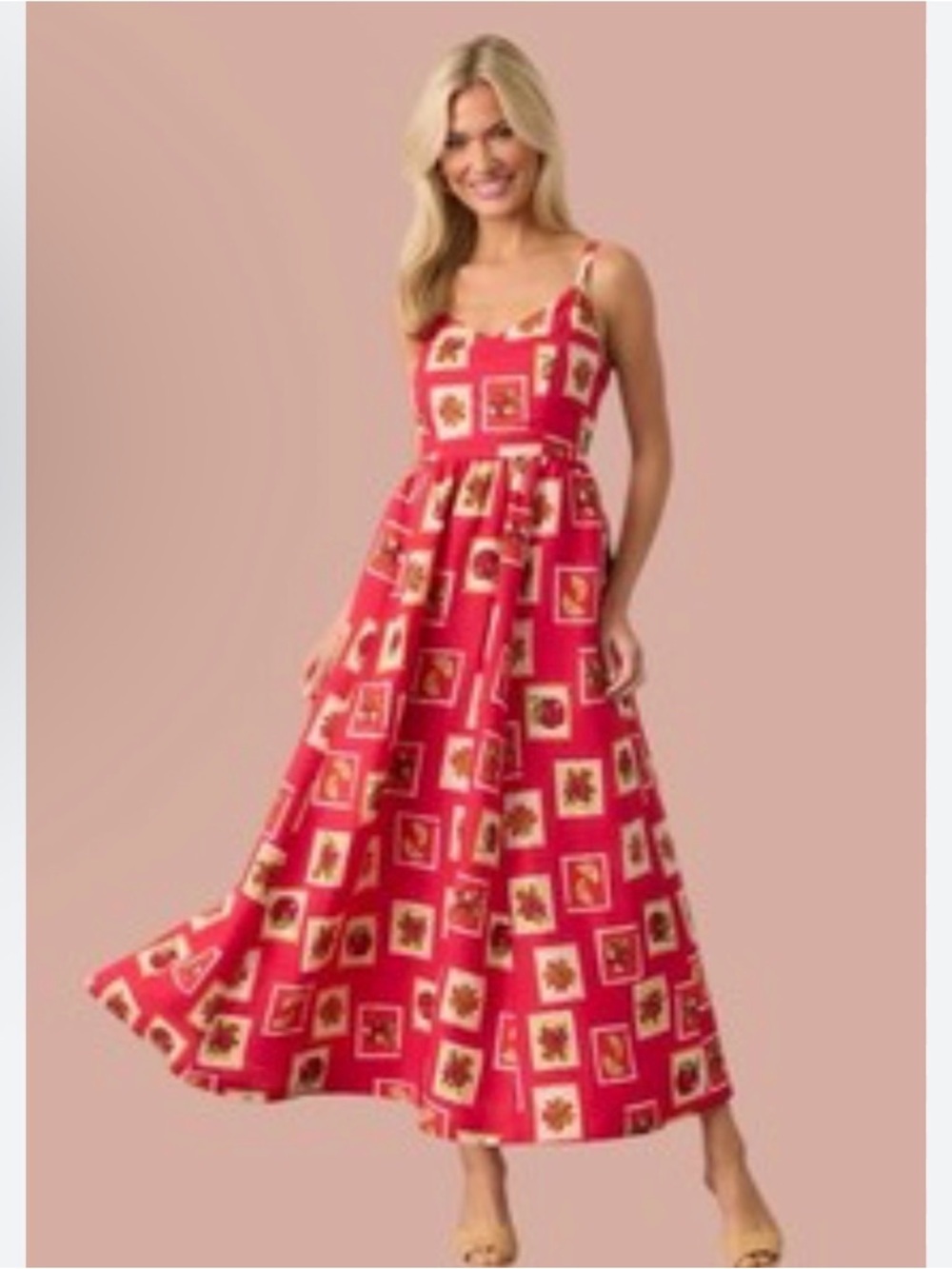 Skies Are Blue Red Print Midi Dress | Size Medium | NWT